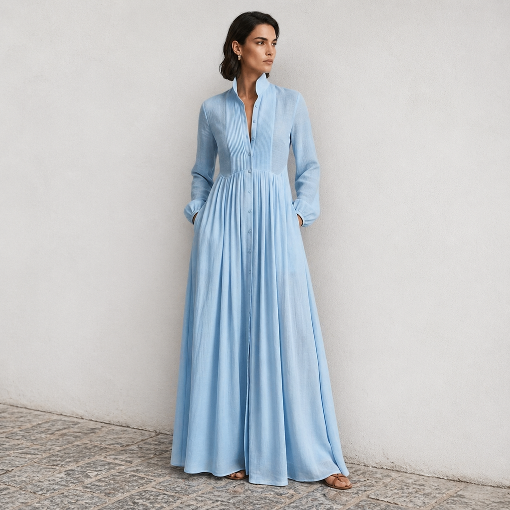 Women’s Pleated Long-Sleeve Dress – French Elegance