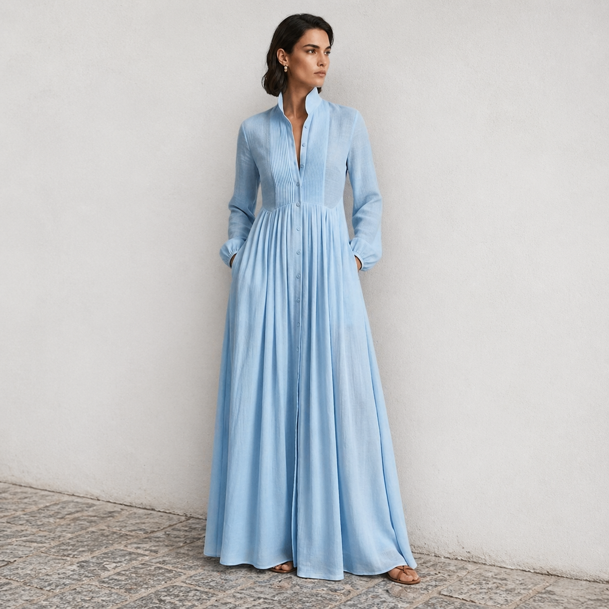 Women’s Pleated Long-Sleeve Dress – French Elegance