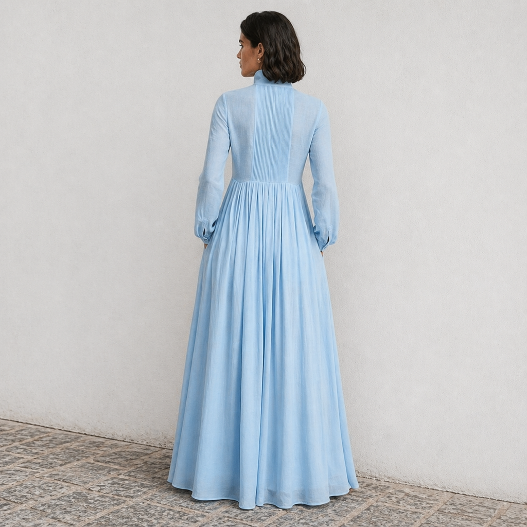 Women’s Pleated Long-Sleeve Dress – French Elegance