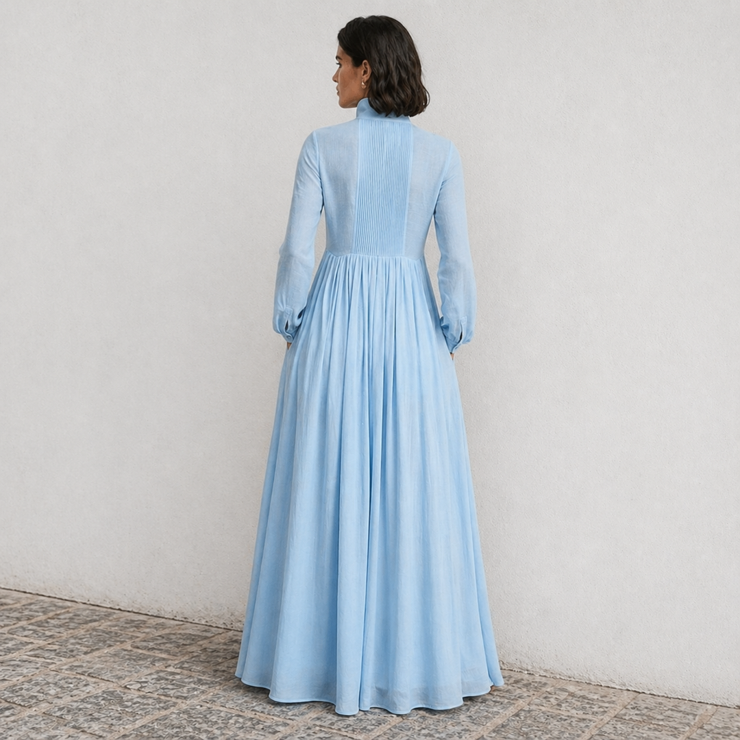 Women’s Pleated Long-Sleeve Dress – French Elegance