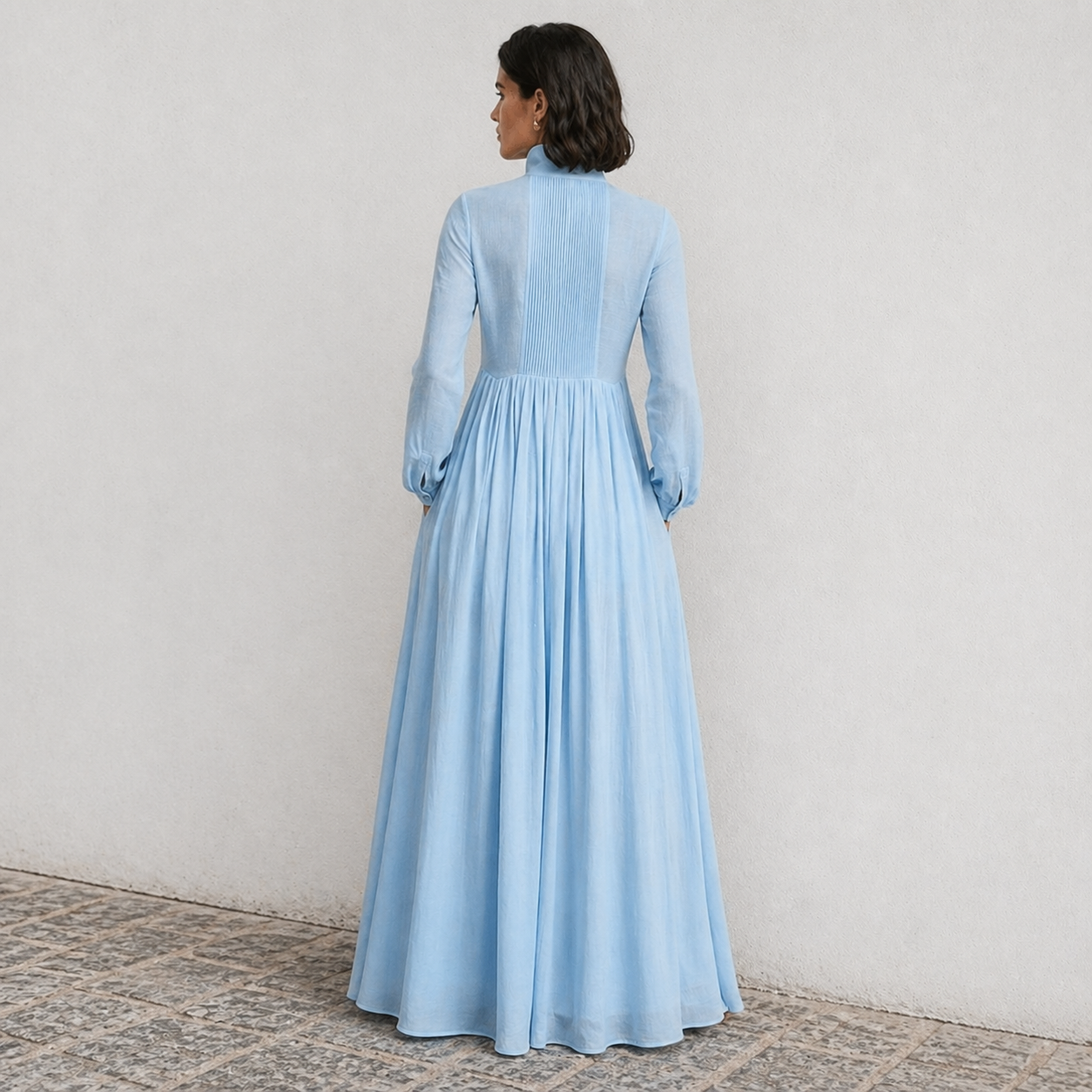 Women’s Pleated Long-Sleeve Dress – French Elegance