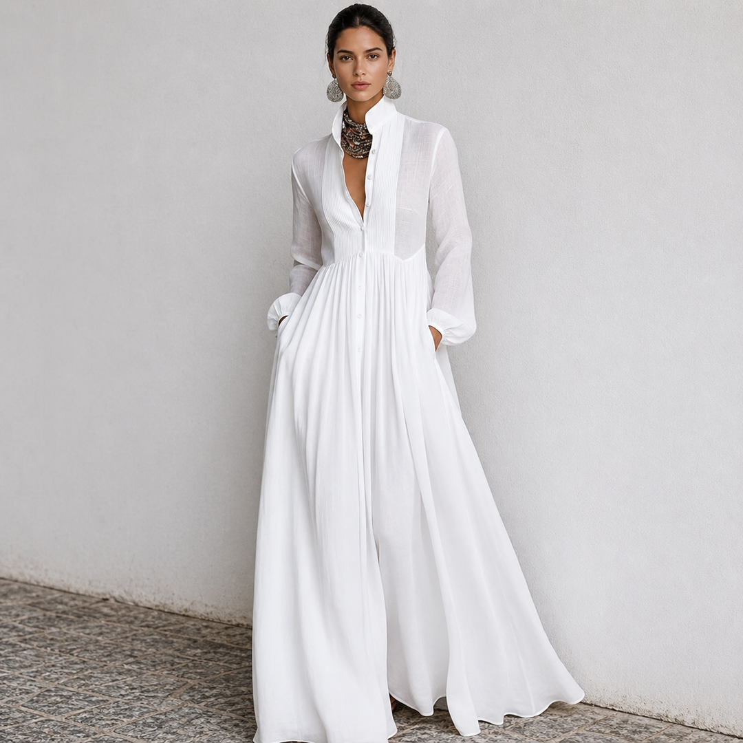 Women’s Pleated Long-Sleeve Dress – French Elegance