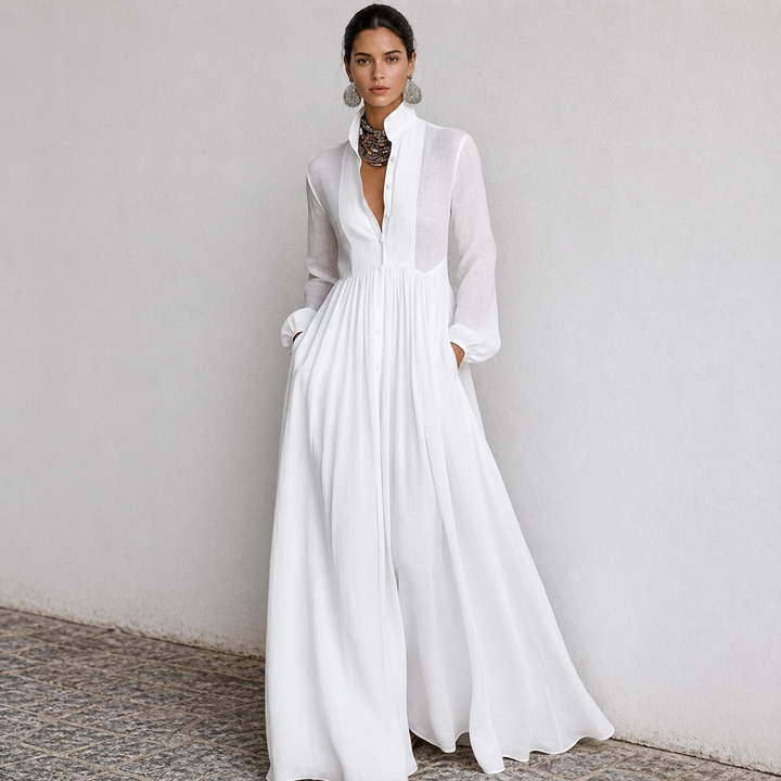 Women’s Pleated Long-Sleeve Dress – French Elegance