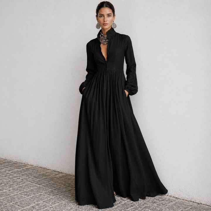 Women’s Pleated Long-Sleeve Dress – French Elegance