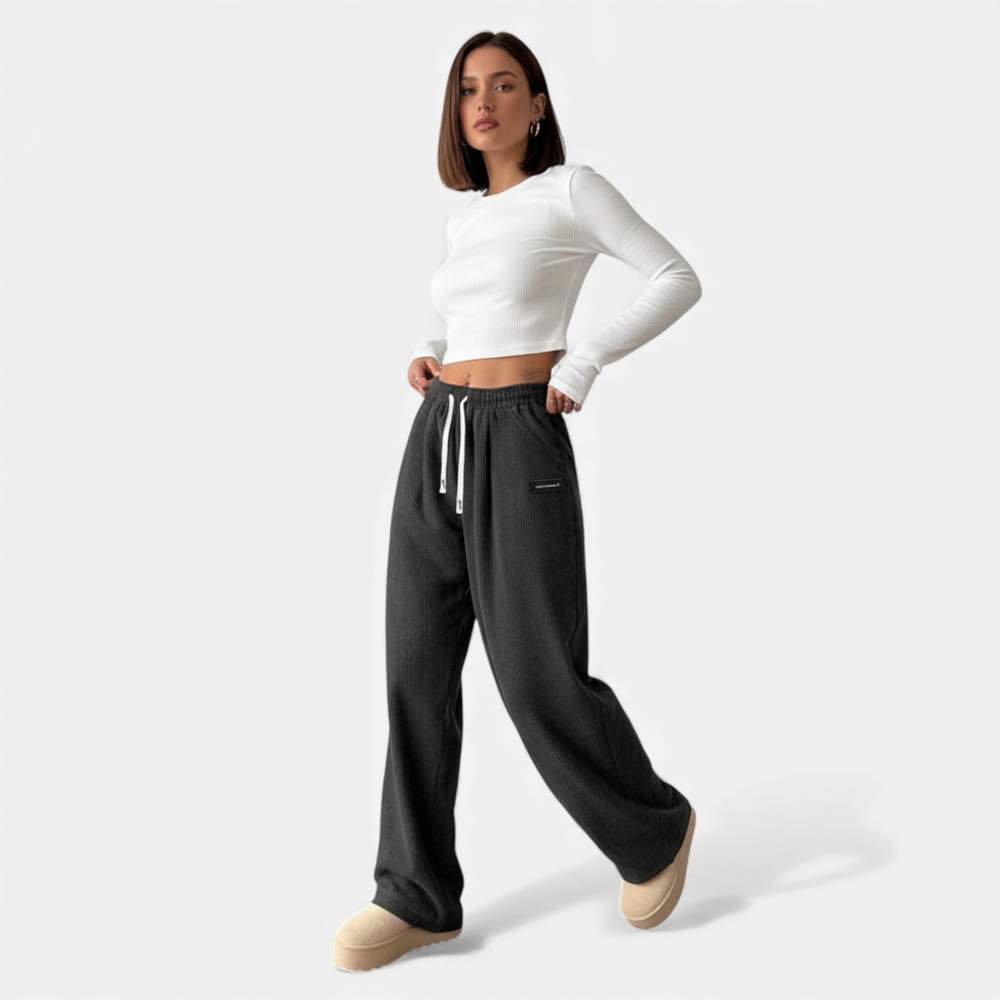 Elorainemode | Women’s Drawstring Wide‑Leg Trousers – Quiet Leisure