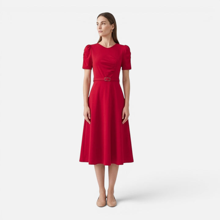 Women’s V-Neck Ruffle Midi Dress with Waist Belt