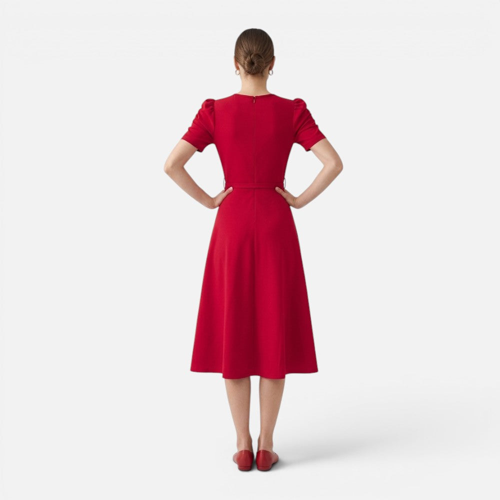 Women’s V-Neck Ruffle Midi Dress with Waist Belt