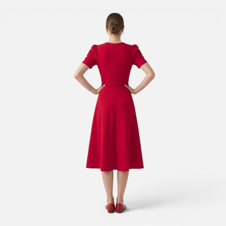 Women’s V-Neck Ruffle Midi Dress with Waist Belt