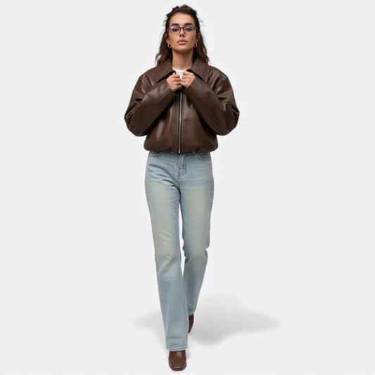 Eloraine fashion | Women's Wine‑Red Biker Jacket – Heritage Moto Elegance