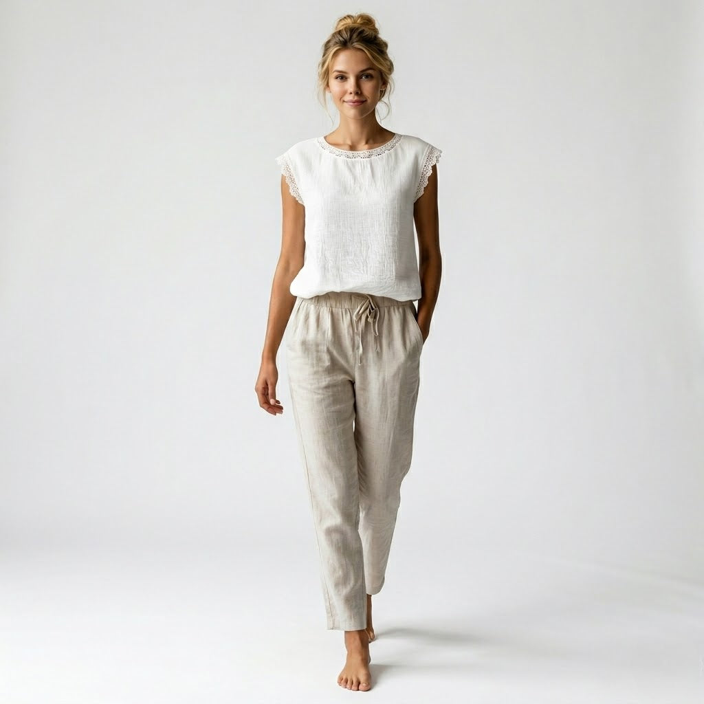 Vintage Linen Sleeveless Top with Delicate Lace