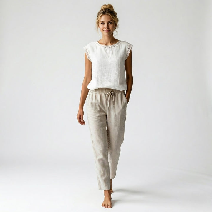 Vintage Linen Sleeveless Top with Delicate Lace