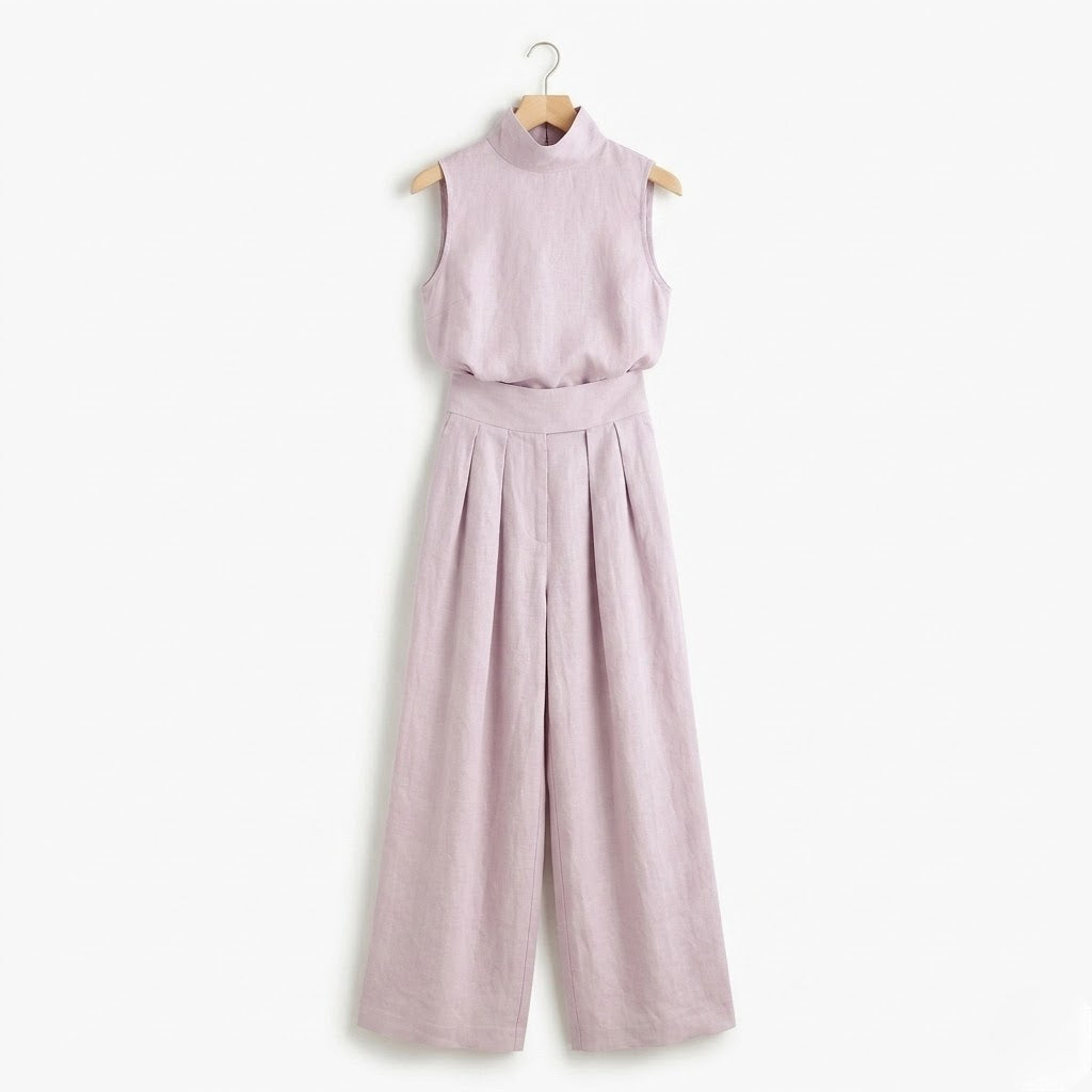 Women’s Minimalist Linen Sleeveless Blouse and Wide-Leg Set