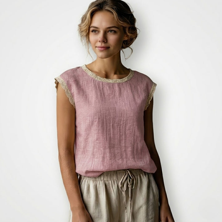 Vintage Linen Sleeveless Top with Delicate Lace