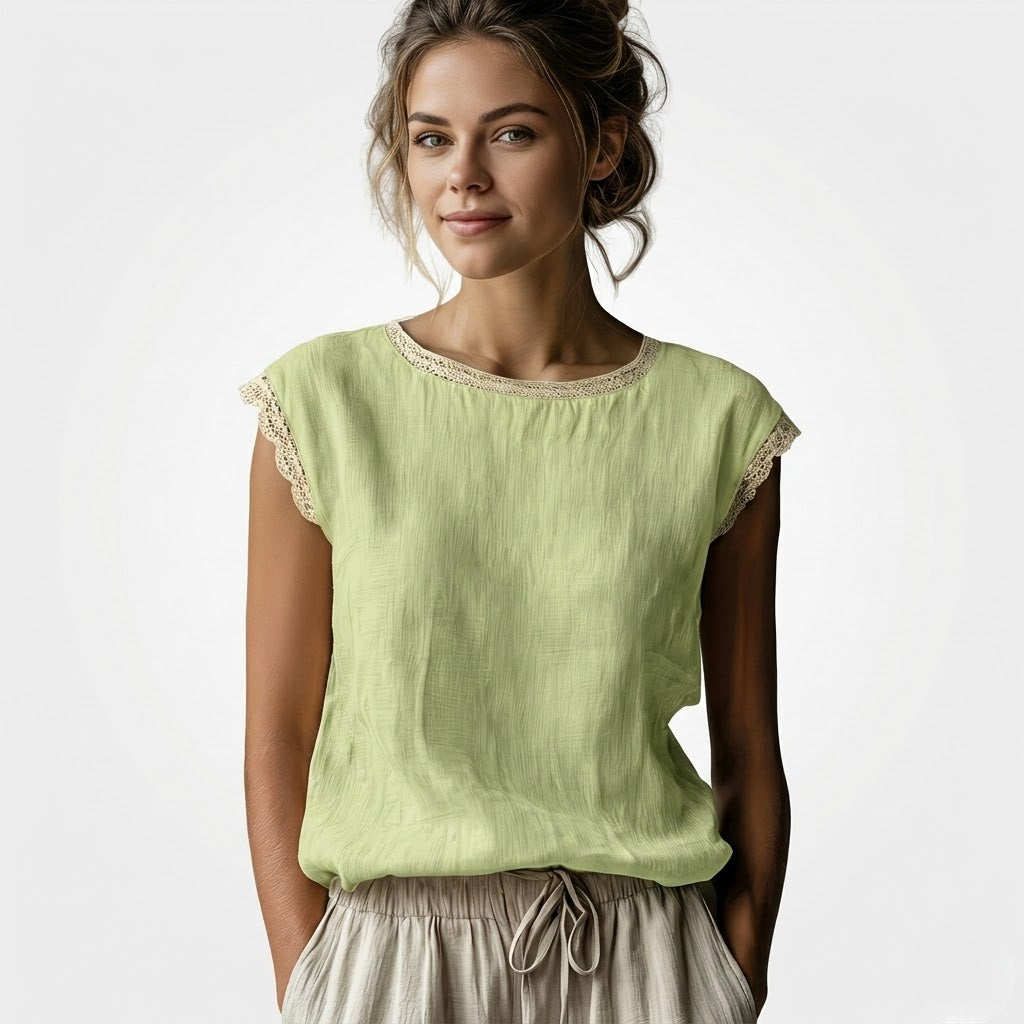 Vintage Linen Sleeveless Top with Delicate Lace