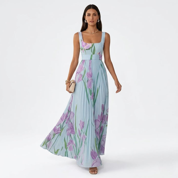 Women’s Floral Chiffon Pleated Maxi Dress – Elegant Flow