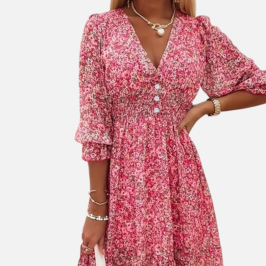 Women’s Floral Puff Sleeve Dress – Vacation Elegance