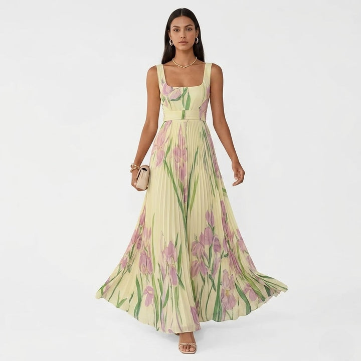 Women’s Floral Chiffon Pleated Maxi Dress – Elegant Flow