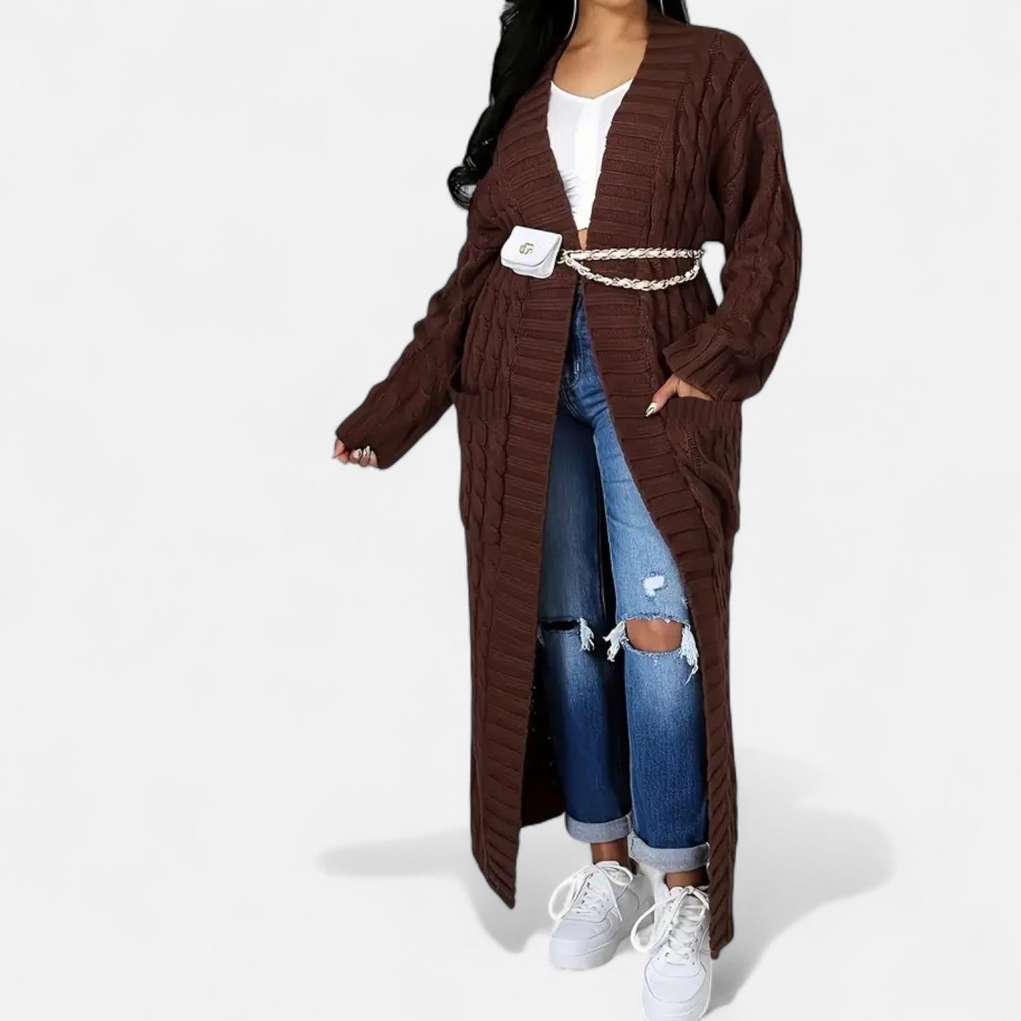 Elorainemode | Women's Long Cable-Knit Cardigan – Serene Winter Elegance