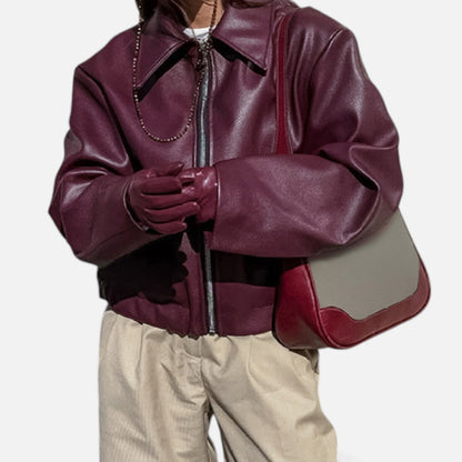 Elorainemode | Women’s Wine‑Red Biker Jacket – Heritage Moto Elegance