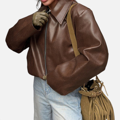 Elorainemode | Women’s Wine‑Red Biker Jacket – Heritage Moto Elegance