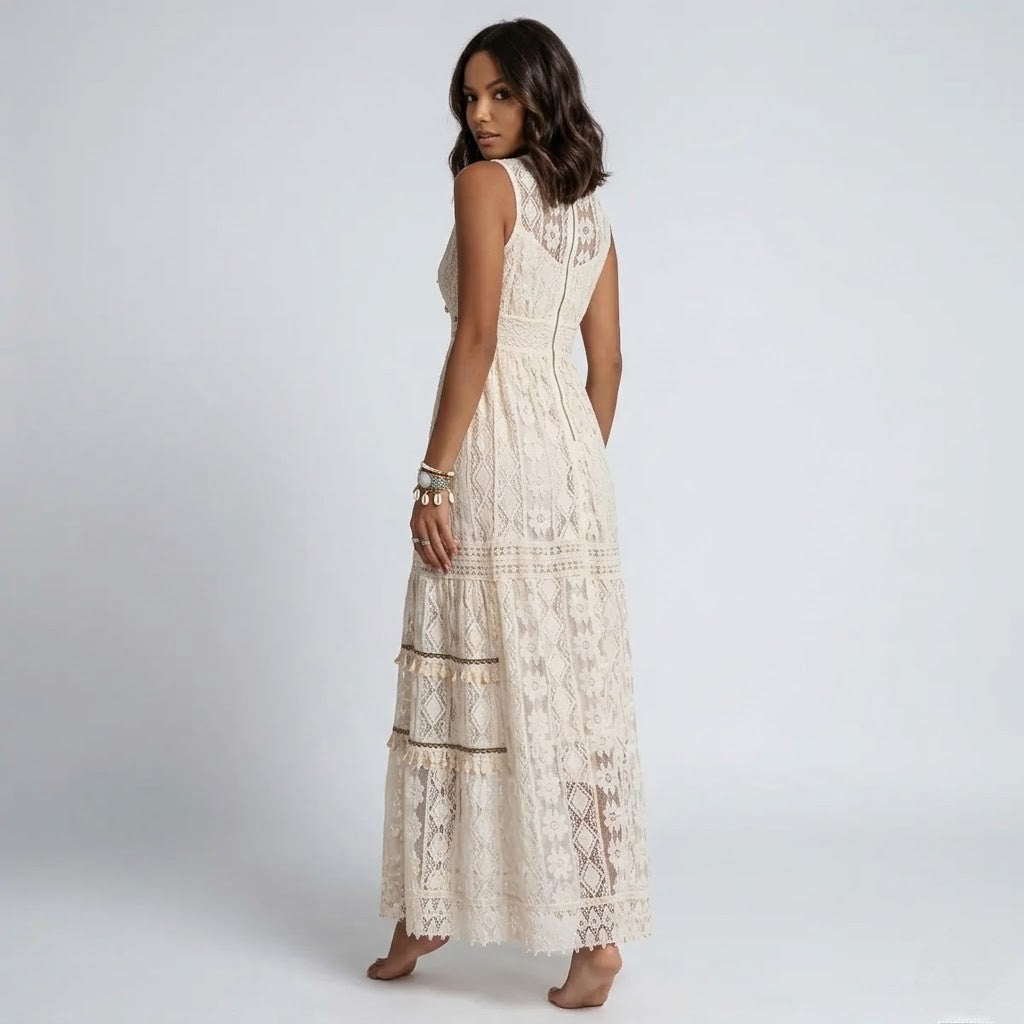 Women’s Crochet Lace Maxi Dress Flowy Fit Lightweight Comfort
