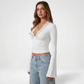 Long-Women's Lace Trim Wrap Blouse Deep V-Neck Long Sleeve Elegant Top