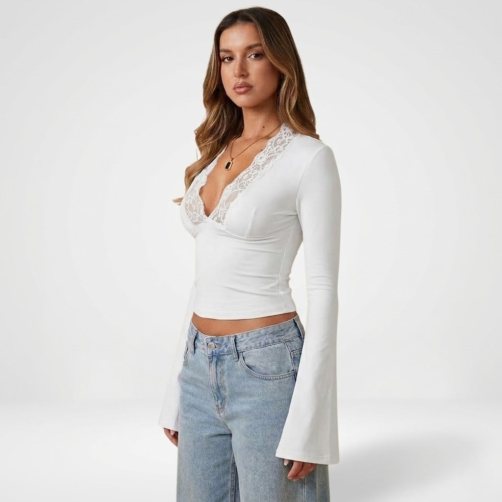 Long-Women's Lace Trim Wrap Blouse Deep V-Neck Long Sleeve Elegant Top