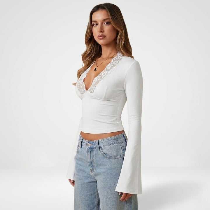 Long-Women's Lace Trim Wrap Blouse Deep V-Neck Long Sleeve Elegant Top