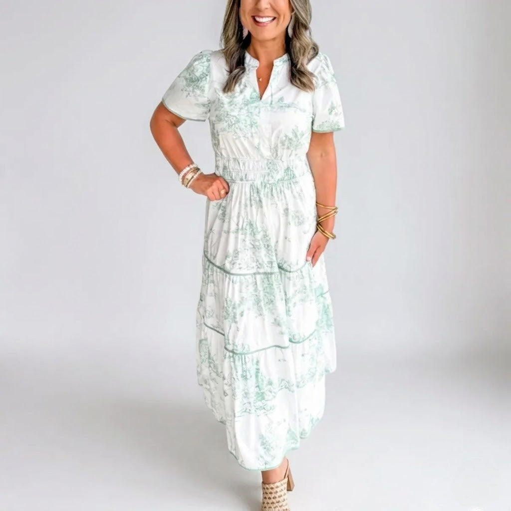 Women’s Elegant Maxi Dress Linen Floral Print Casual Summer Style