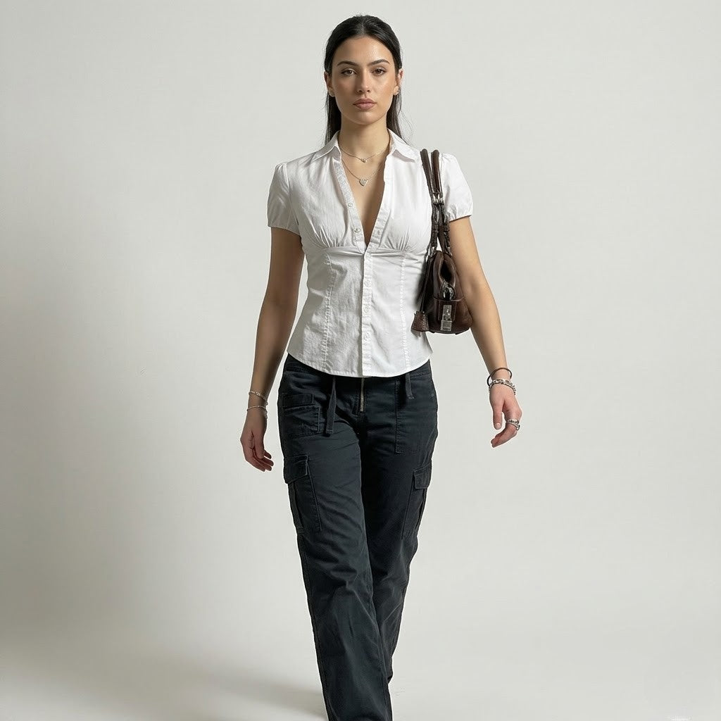 Women’s Tailored Waist Blouse Lightweight V-Neck Summer Shirt