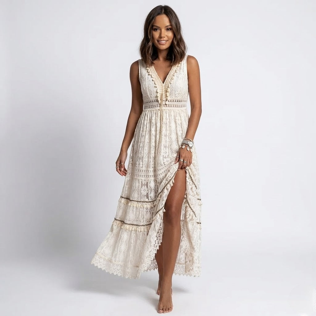 Women’s Crochet Lace Maxi Dress Flowy Fit Lightweight Comfort